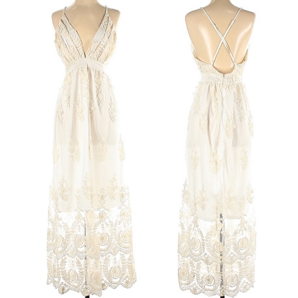 Lace Plunge Maxi Strappy Bridal Dress